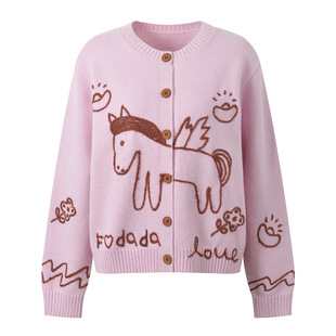 上衣 百搭圆领针织开衫 2025秋冬新款 小众设计感小马刺绣单排扣时尚