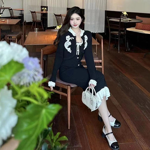 浪漫华丽花边袖 套装 修身 短款 性感吊带裙两件套 2023秋季 开衫 新款