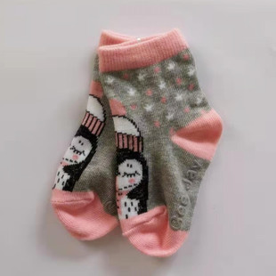 女孩企鹅粉红色脚底防滑胶印出口欧美外贸单 小童袜子 1双