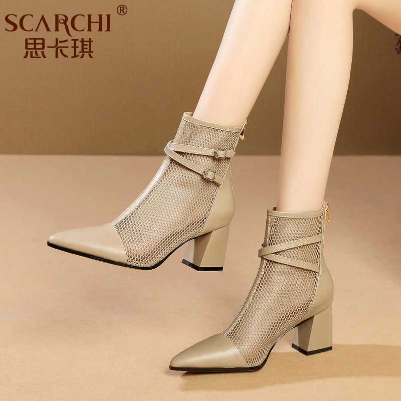 欧美凉靴粗跟网纱女士鞋春夏新款