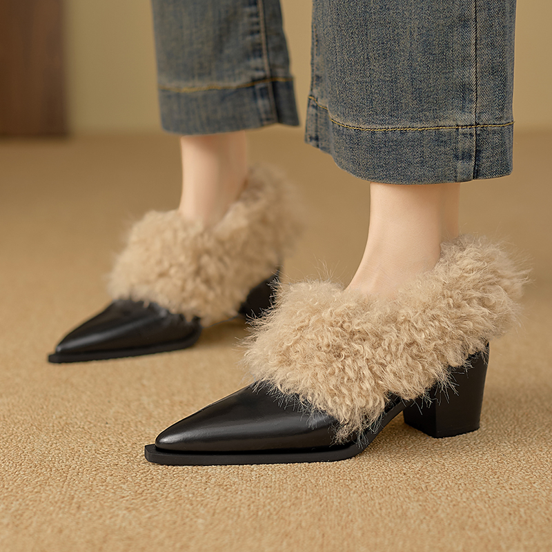 粗跟中跟舒适毛毛鞋单鞋