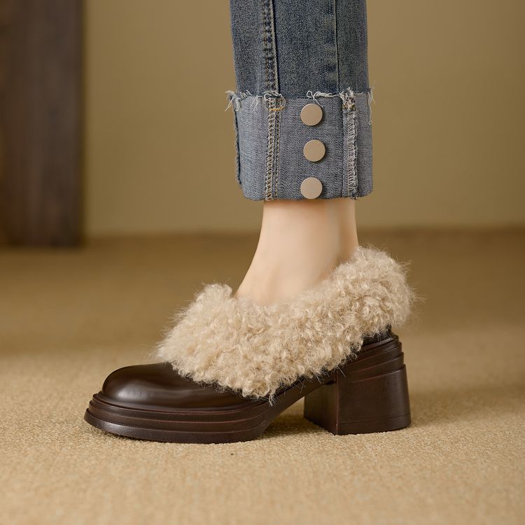 粗跟高跟单鞋女欧美加绒毛毛鞋