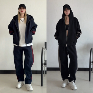 美式复古风连帽卫衣套装男士秋季潮流三条杠运动休闲裤两件套情侣