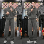 冬季加绒加厚老钱风格纹套装男潮牌时尚复古韩版卫衣两件套高品质