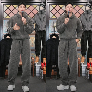 复古韩版 冬季 男潮牌时尚 纹套装 卫衣两件套高品质 加绒加厚老钱风格