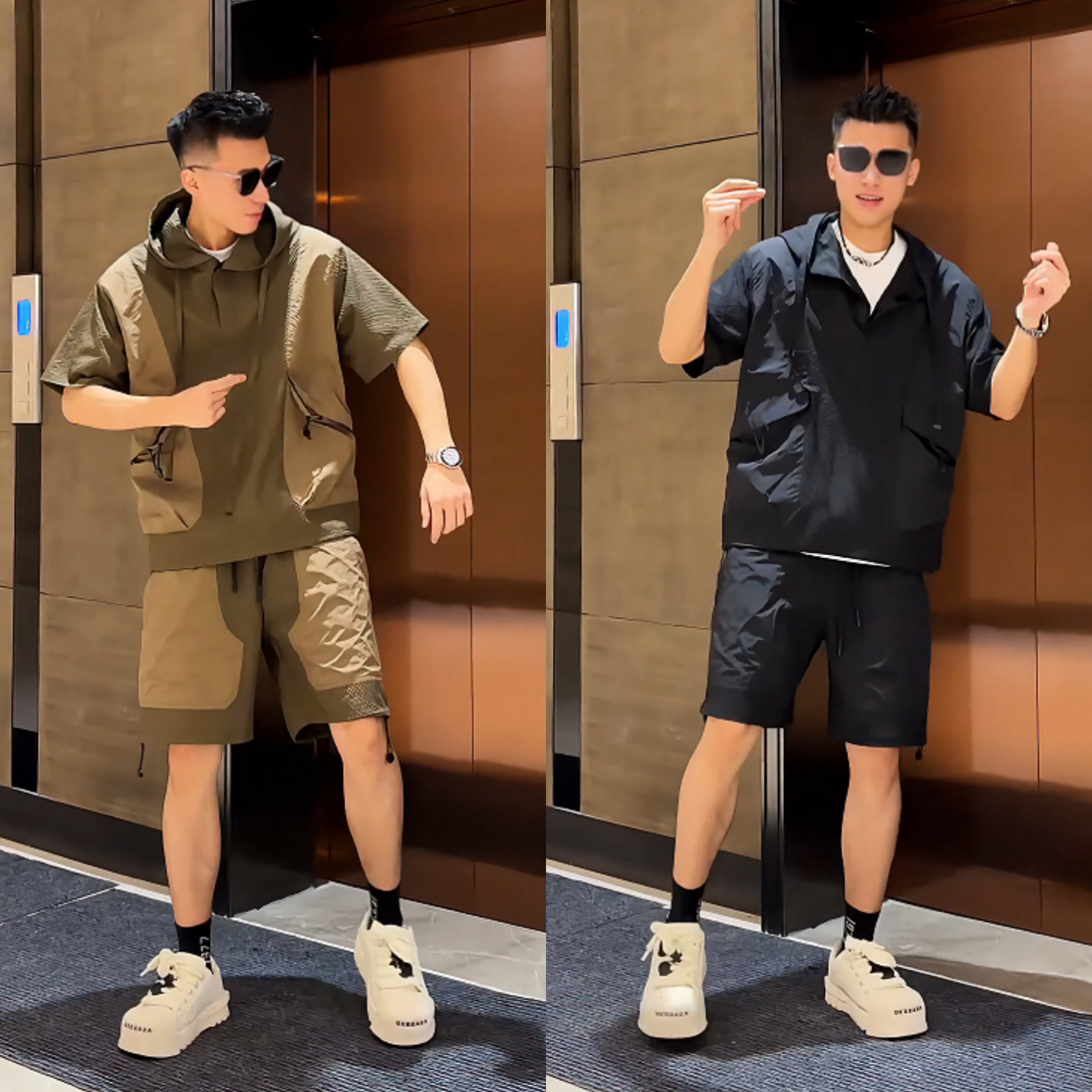 夏季男士潮流时尚休闲套装连帽短袖休闲工装短裤运动两件套帅气潮
