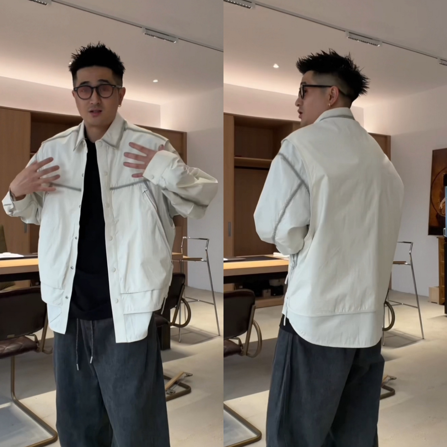 秋季重工拼接描边手绘假两件夹克