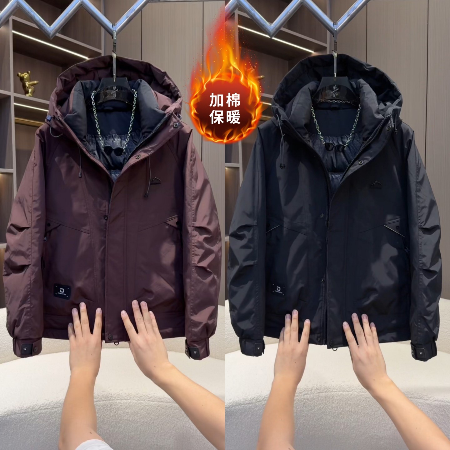 冬季男士户外保暖休闲夹克防寒保暖工装加厚连帽棉服外套轻奢男装