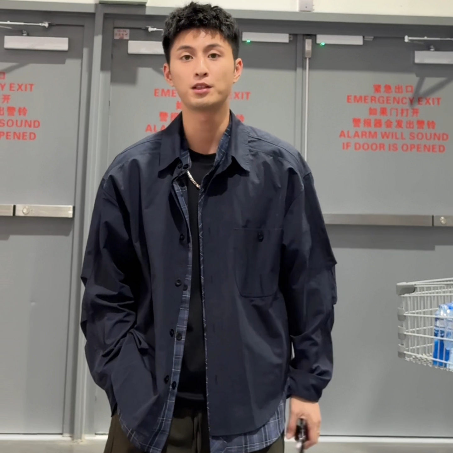 秋季韩版假两件格子拼接衬衫男长袖高级感痞帅工装外套小众设计感