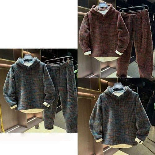 冬季彩色拼接时尚重磅保暖加绒情侣款连帽卫衣休闲裤套装潮流帅气