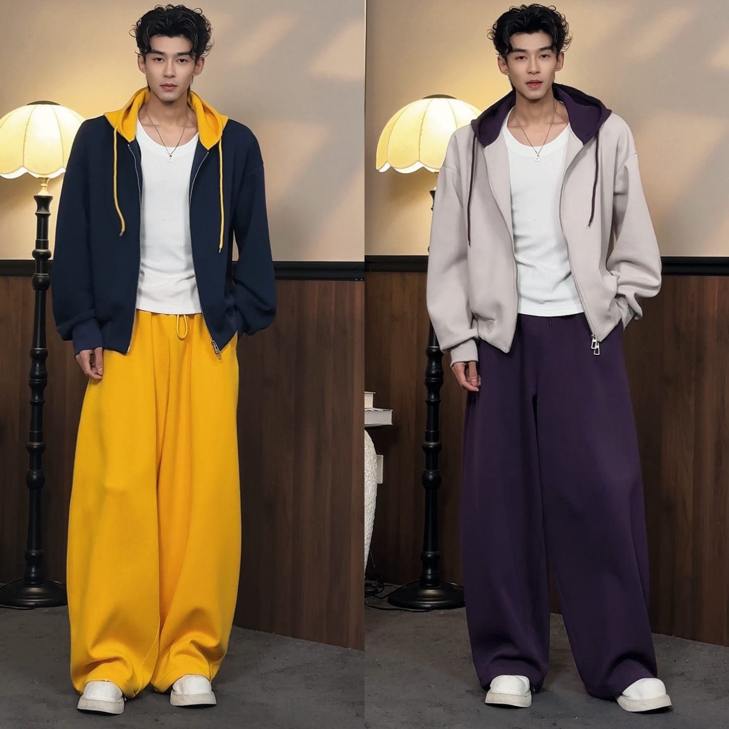 春季新品活力运动风男士套装撞色高级感连帽卫衣外套休闲裤两件套