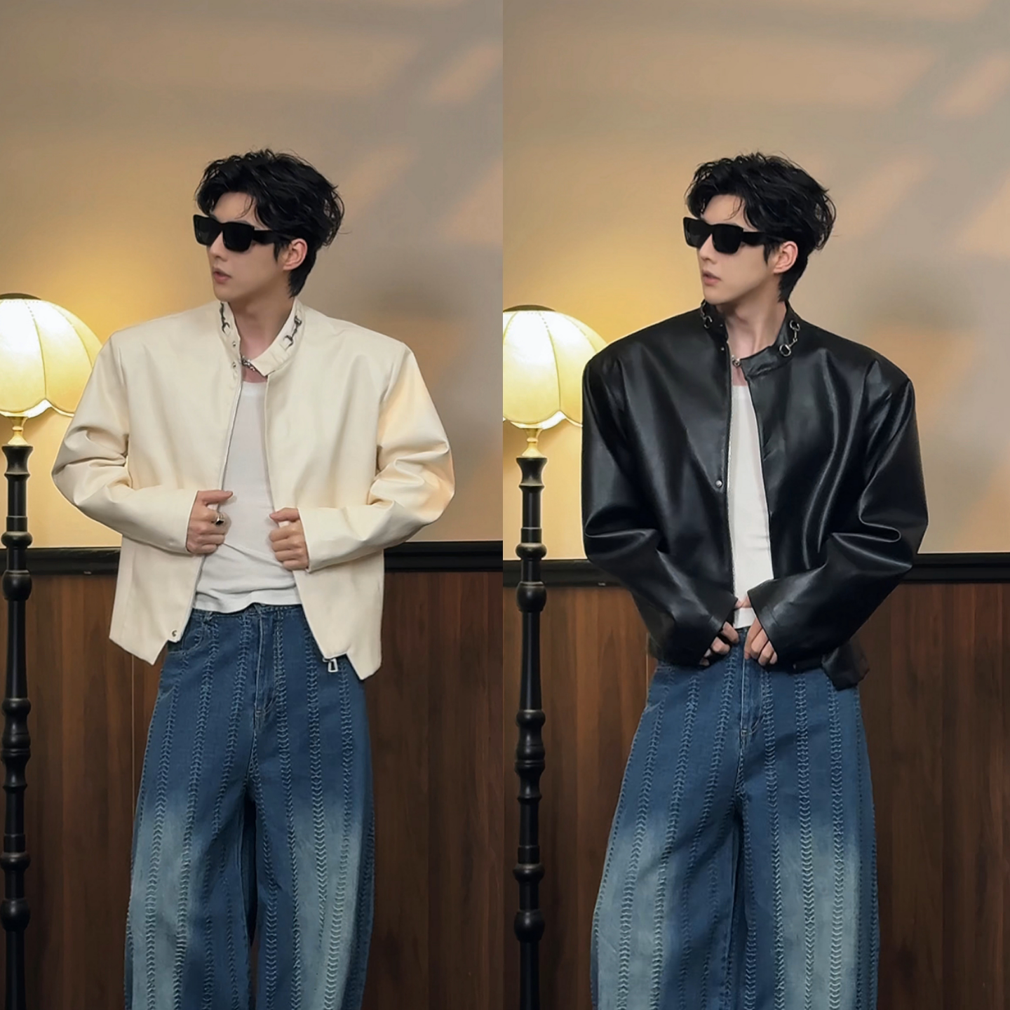 个性痞帅型男穿搭春季美式复古高级感机车风男士立领皮衣夹克外套