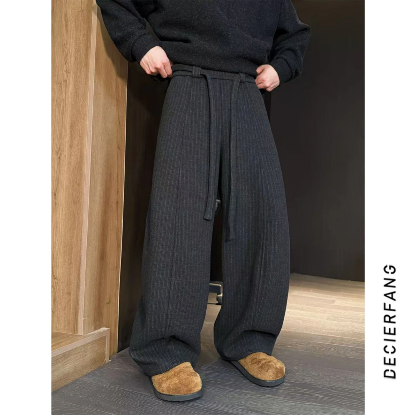 冬季设计师款抽绳竖条纹休闲裤男