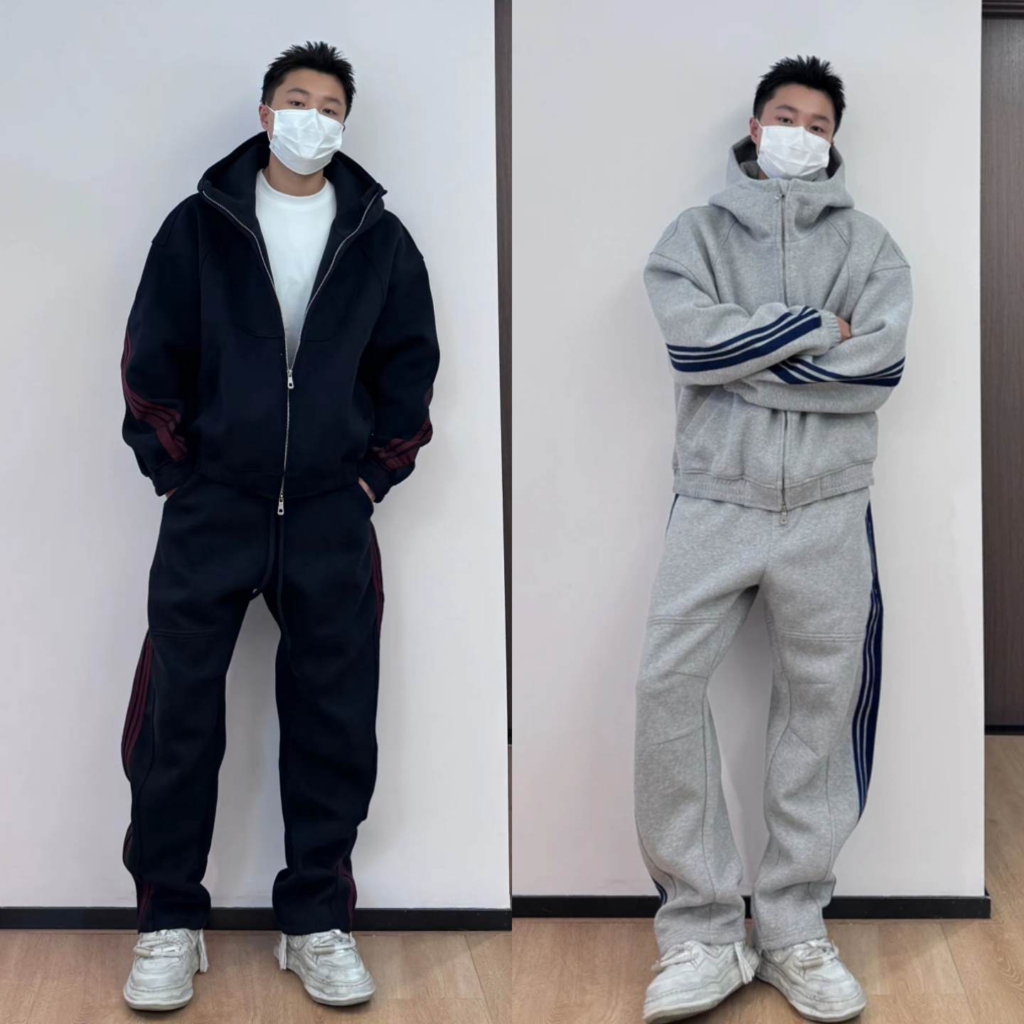 美式重磅三条杠解构运动休闲卫衣套装男士潮流休闲卫裤小众设计感