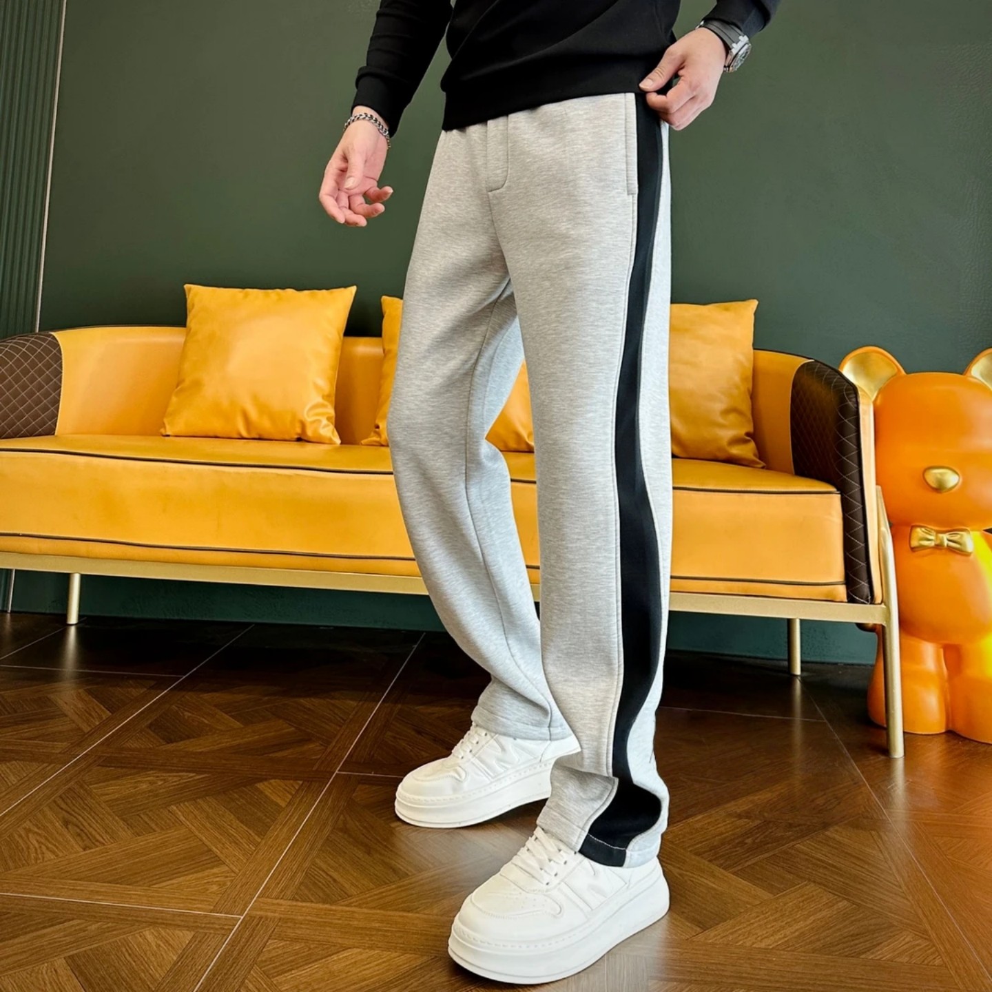 冬季加绒加厚直筒男裤轻奢风潮流拼接条纹舒适运动休闲裤百搭长裤