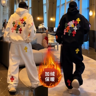 潮牌连帽套头卫衣运动卫裤 冬季 时尚 潮流休闲套装 加绒两件套 男士