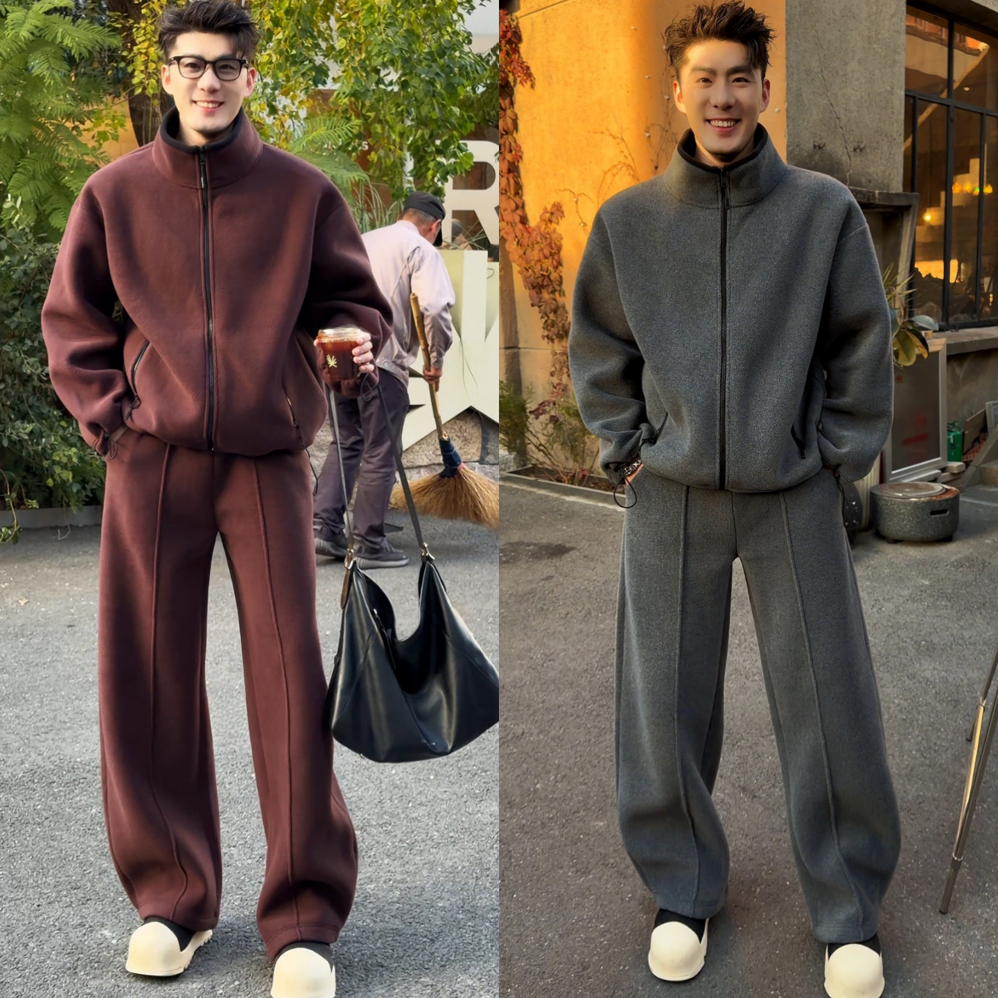 冬季新品重磅双面摇粒绒休闲套装男慵懒风舒适百搭外套长裤高品质