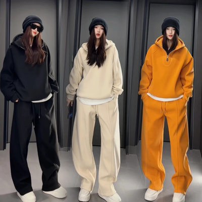 冬季高品质休闲套装情侣款百搭纯色半拉链连帽卫衣宽松休闲弯刀裤