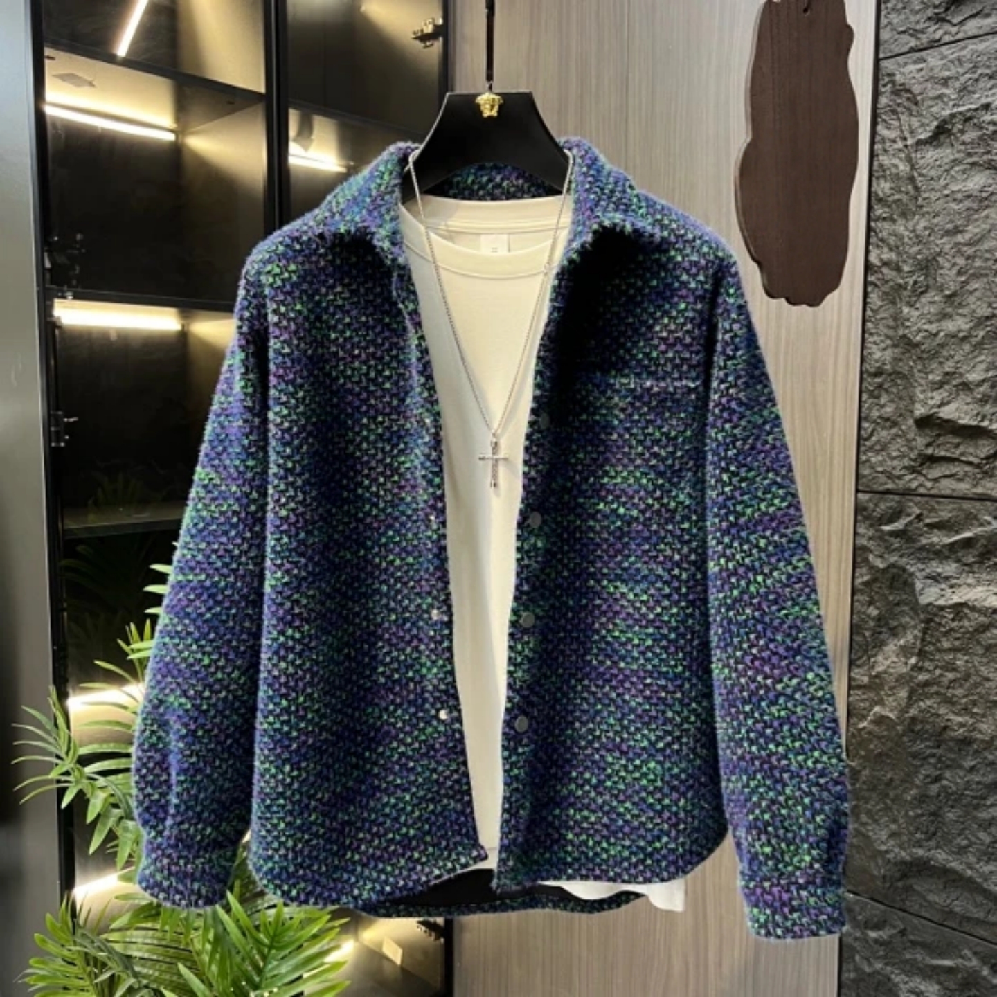 秋季新款高级感痞帅风男士小香风编织翻领衬衫百搭休闲外套情侣款