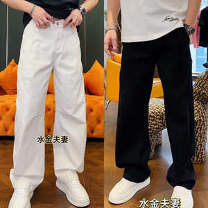 春季新款潮流纯色简约高级感男士牛仔裤抽绳设计款阔腿直筒休闲裤