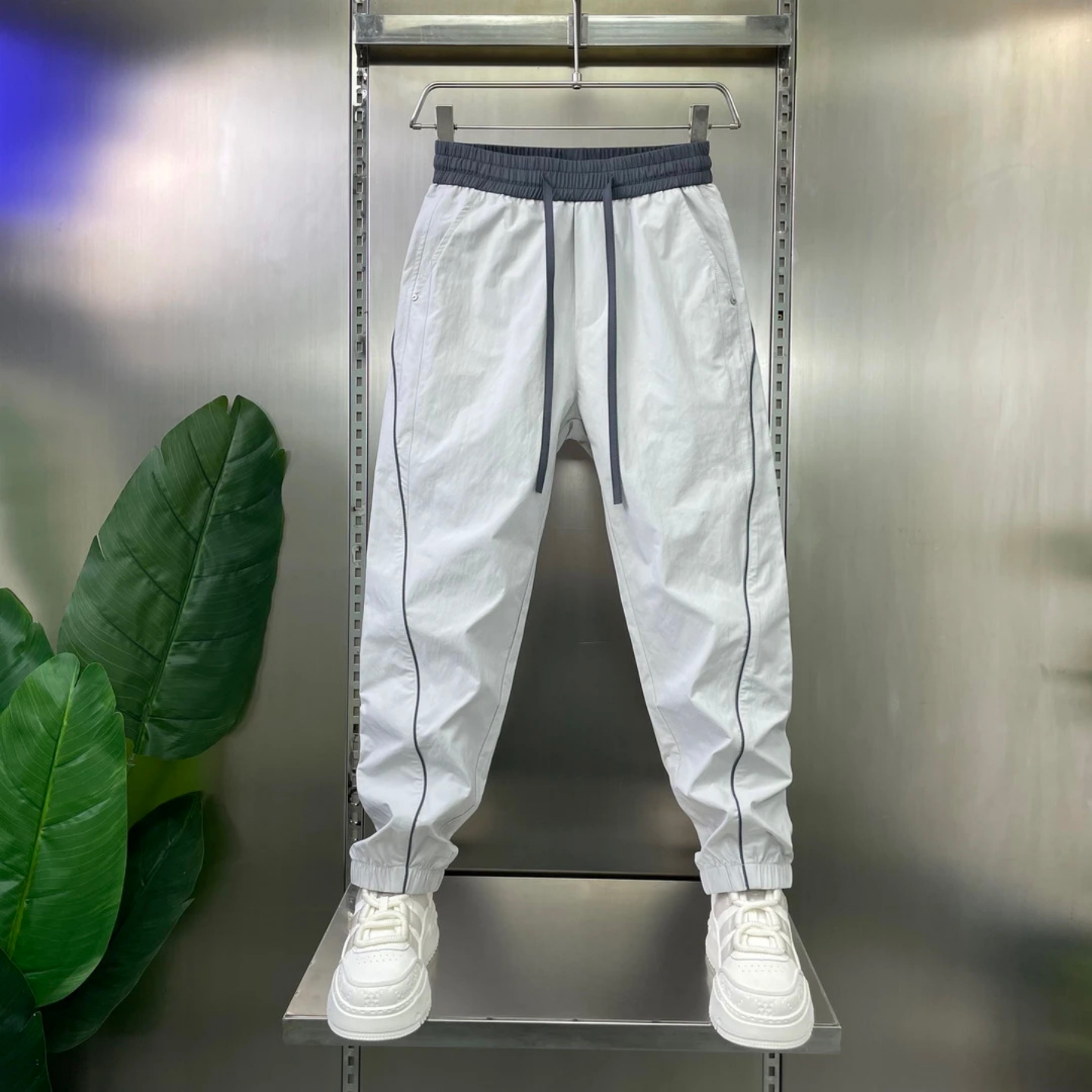 春季新款潮流个性拼接裤腰款男士休闲运动束脚卫裤气质纯色休闲裤