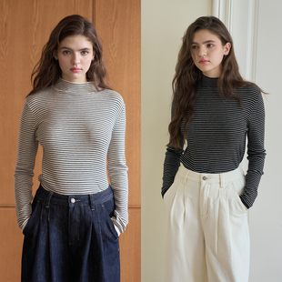 Bruland 高弹力半高领修身条纹内搭T恤显瘦百搭针织长袖打底衫女