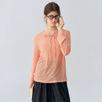 Bruland温柔风橙白条纹上衣T恤