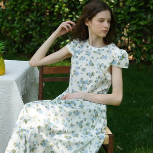 Bruland 复古优雅碎花连衣裙慵懒设计感圆领收腰显瘦气质长裙 法式