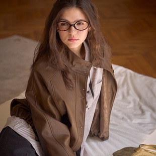 Bruland “巴黎秋天”复古百搭短款立领高级感棕色皮衣女外套款春