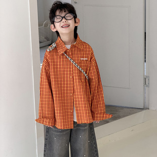 男童衬衫儿童春季韩版2026新款潮牌街头帅气橘红格子衬衣童装上衣