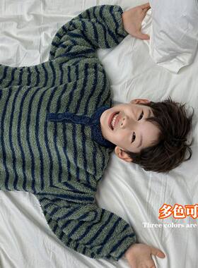 男童条纹加厚家居服保暖睡衣套装