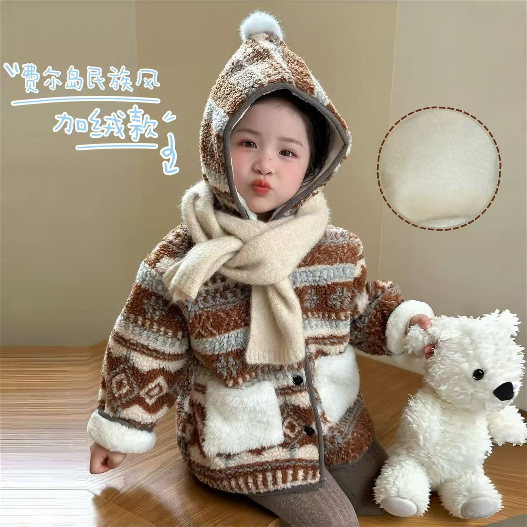 韩版儿童洋气加绒连帽外套厚棉衣
