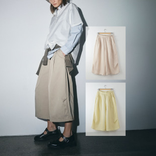 裙裤 2褶宽松阔腿压褶立体裁剪阔腿八分裤 抽绳弹力腰 全麻梭织布