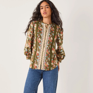 全棉面料针织民族风印花蕾丝花边风琴褶装饰衬衫