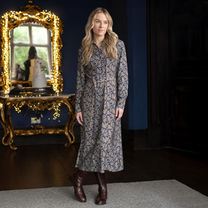 美式通勤粘纤厚斜纹梭织布 佩斯利印花衬衫式中长款长袖连衣裙2色