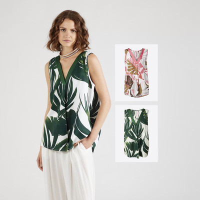 棉麻混纺梭织布缎面装饰V领无袖印花上衣