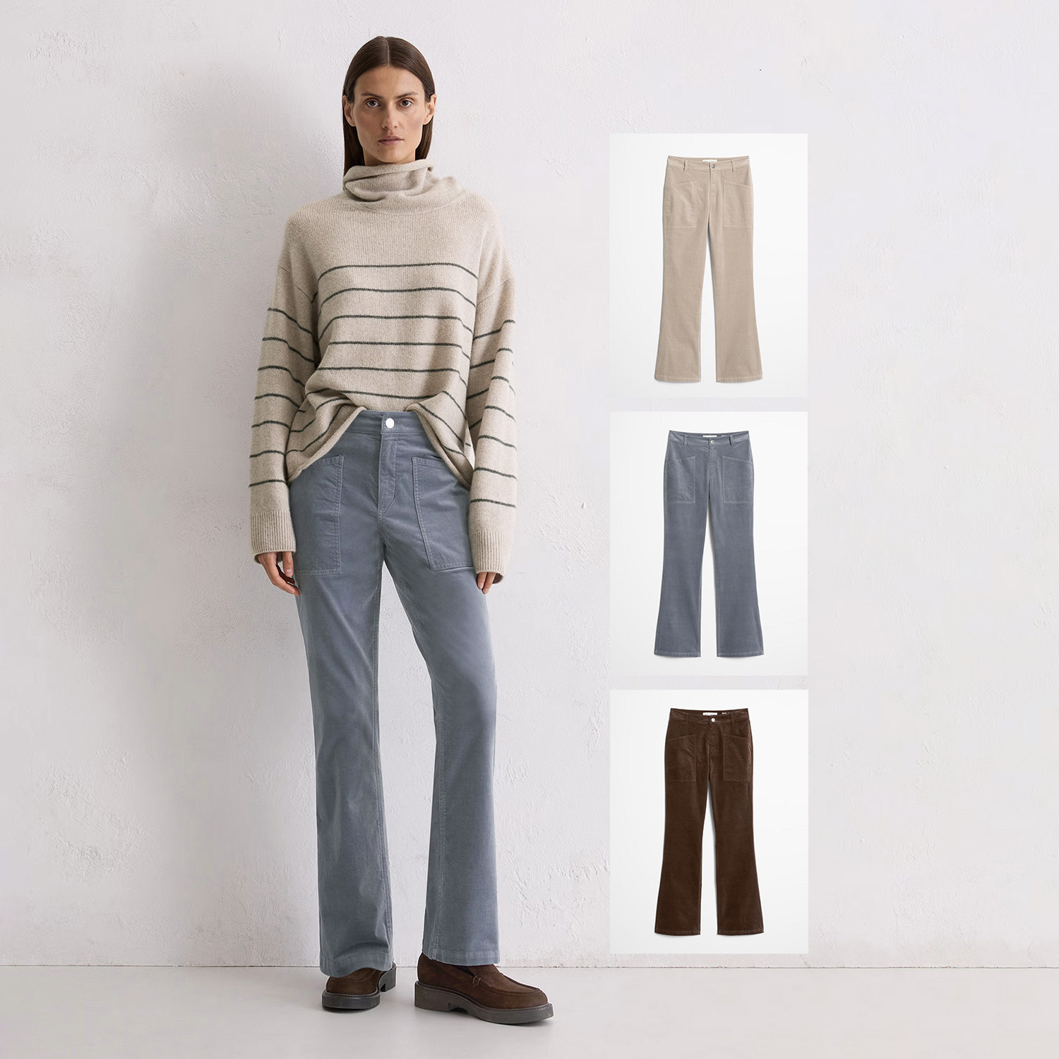 有机棉天鹅绒北欧简约纯色贴布口袋复古喇叭裤休闲裤