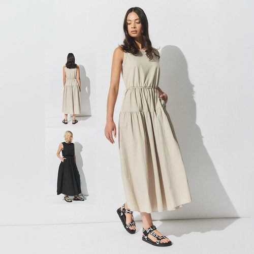 梭织拼接裙摆机能风格抽绳调节腰口袋装饰无袖中长款连衣裙2色