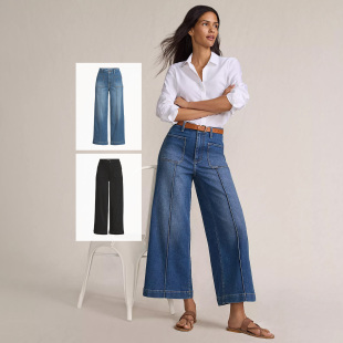 棉质牛仔布高腰宽松阔腿中线贴布口袋休闲9分裤 2色有大码