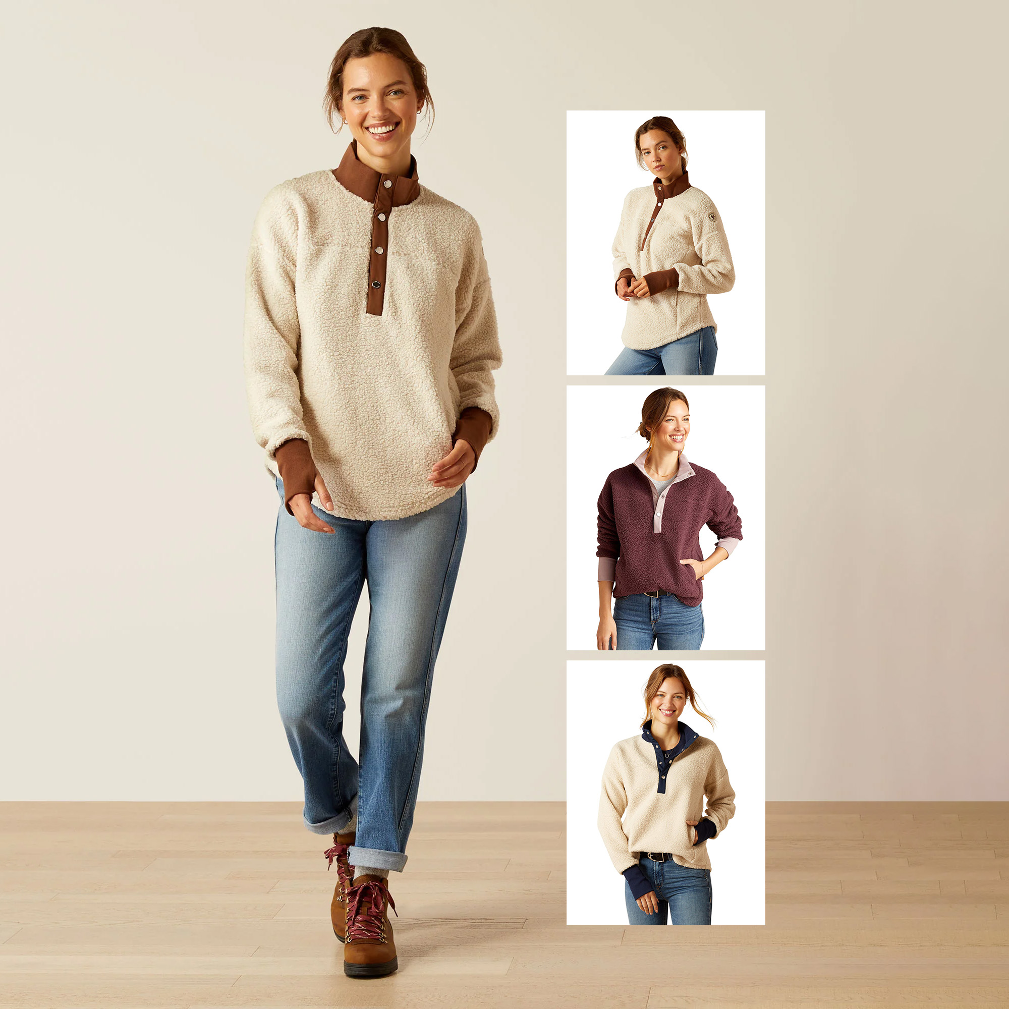 纽扣半开高领拇指袖宽松仿羊羔绒上衣3色有大码