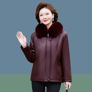 妈妈冬装加绒皮衣外套新款中老年女装奶奶加厚保暖毛领皮夹克棉衣