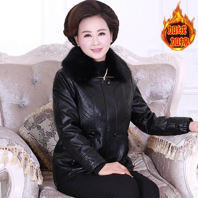 妈妈冬装加绒加厚皮衣外套短款高档中老年人皮夹克女棉衣棉服棉袄