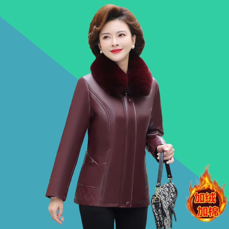 妈妈冬装加绒加厚皮衣外套新款中老年女装保暖皮夹克棉衣棉袄棉服