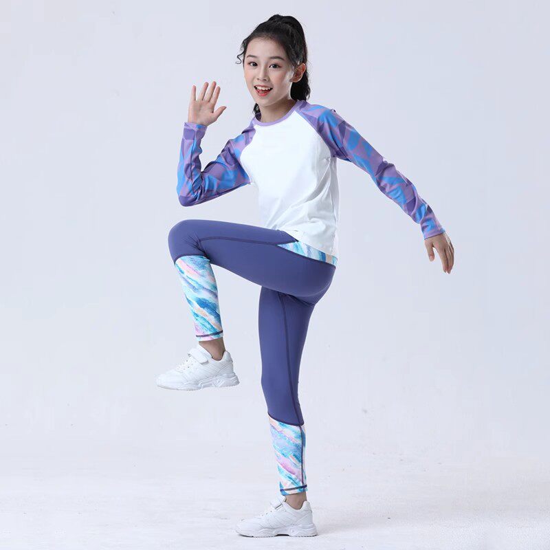 秋季新款儿童瑜伽服套装撞色拼接打底长裤速干透气运动女童长袖