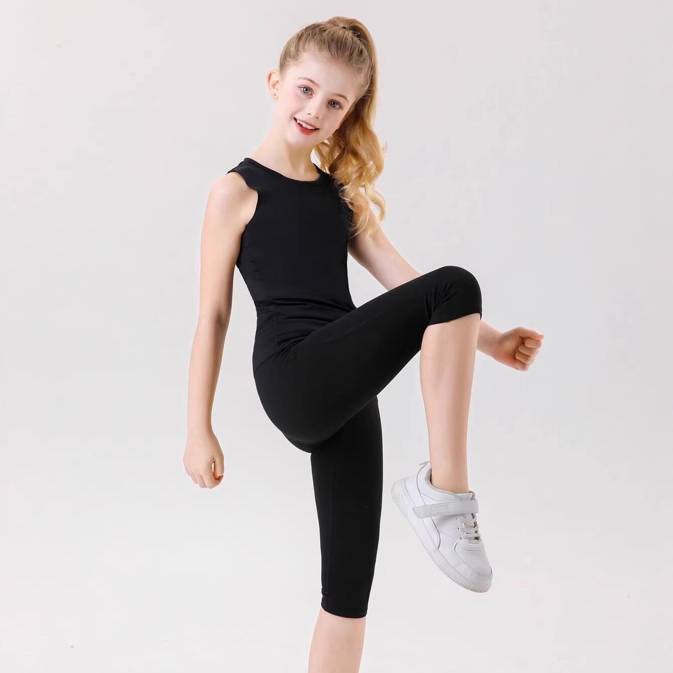 儿童瑜伽服套装七分裤女童速干运动健身裤户外跑步休闲裤