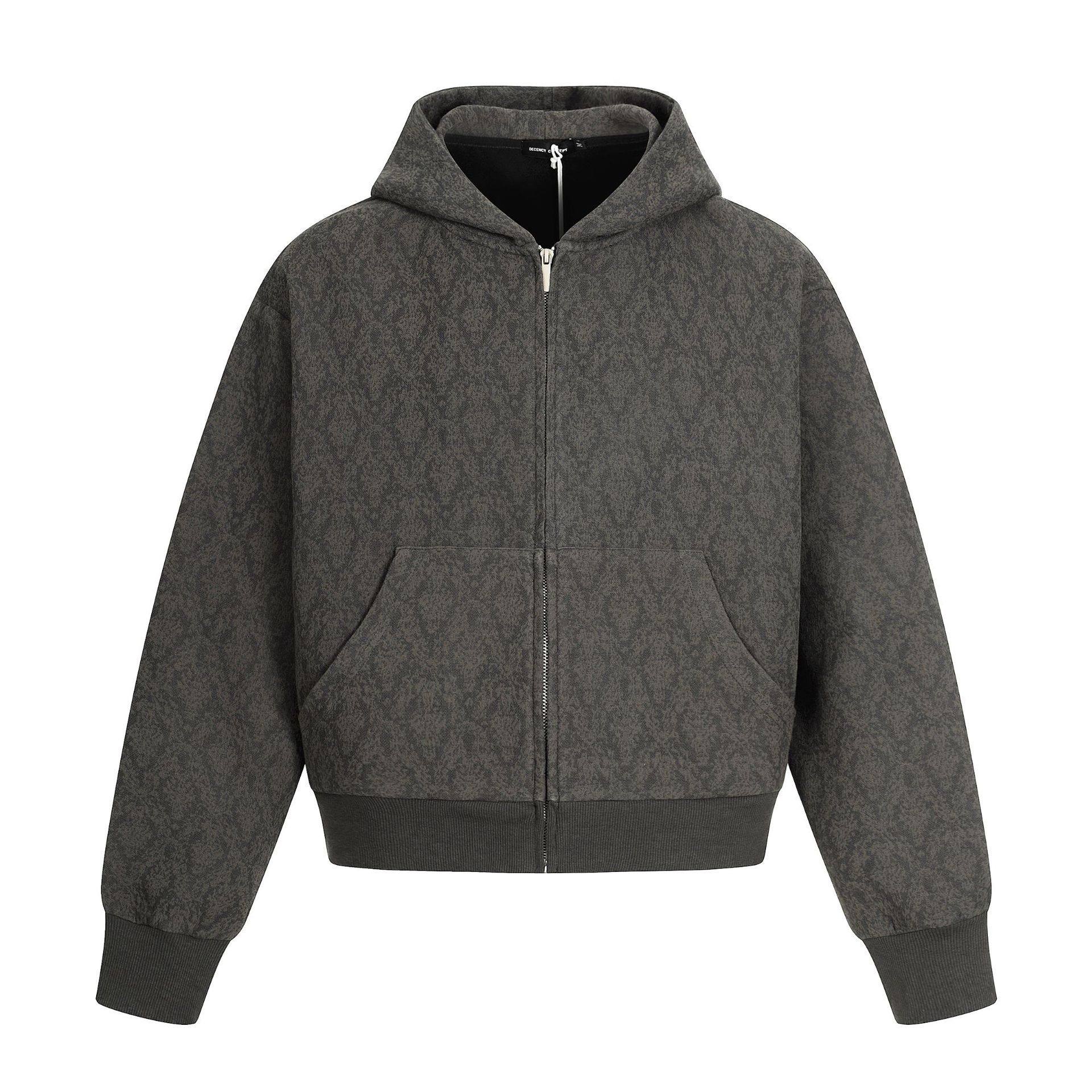 0264美式复古潮流高级感男女重磅提花设计男式拉链短宽型连帽卫衣