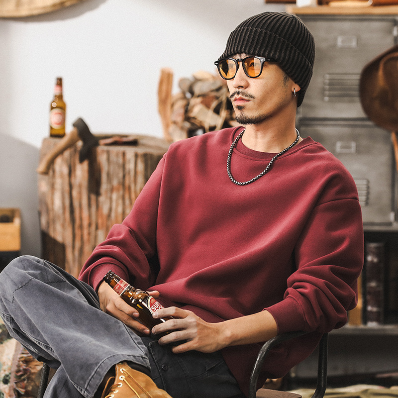 美式复古360g重磅卫衣男秋冬款潮牌宽松简约男士痞帅枣红色上衣男