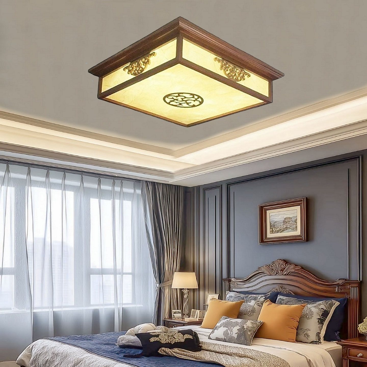 新中式古典木艺吸顶灯温馨卧室仿羊皮禅意书房茶室正方形LED灯具