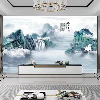 3D新中式自粘山水风景墙贴画电视沙发背景墙中国风客厅装饰壁画