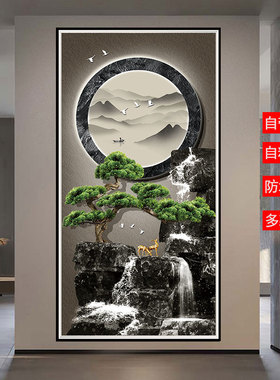 新中式客厅入门贴画走廊竖版背景墙纸墙画自粘壁画入户玄关装饰画